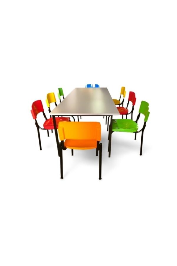 Mesa de Comedor Escolar con 8 Sillas – Resistencia y Color para Cada Día